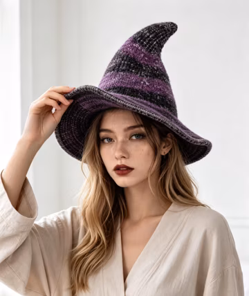 Halloween Witch Hat, Knitted Wizard Hat, Wide Brim Pointed Hat, Foldable Costume Cap, Oversized Adult Witch Hat, Gothic Party Accessory