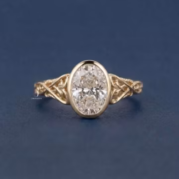 14K Yellow Gold Celtic Ring, Bezel Set Engagement Ring, Oval Cut Lab Grown Diamond Ring, Vintage Knot Bridal Ring, Art Deco Open Work Ring