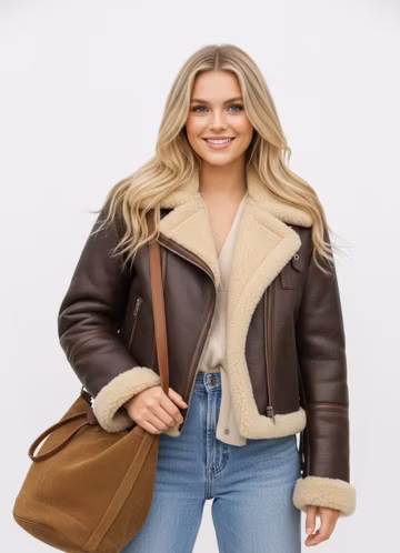 Women'sShearling Aviator Jacket: Vintage Brown Genuine Sheepskin Leather Bomber Jacket For Women