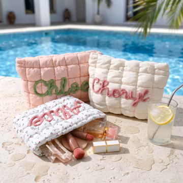 Personalized Quilted Makeup Bag, Custom Name Toiletry Bag, Vacation Travel Pouch, Summer Beach Organizer