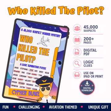 Who Killed the Pilot? Murder Mystery Logic Puzzle PDF, 45,000 Suspects, Printable Detective Game, iPad Puzzle, Digital Download Mystery Book