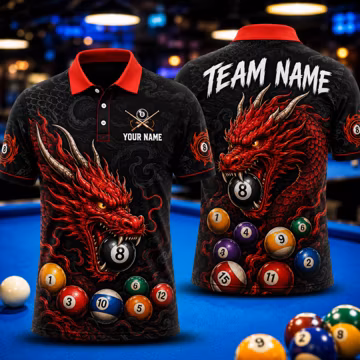 Billiards 8 Ball Dragon 3D Polo Shirt, Personalized Name Team Jersey Tshirt, Cool Dragon Billiard Design, Pool Player Gift