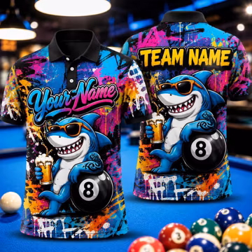 Personalized 8 Ball Billiard 3D Polo Shirts with Shark Design, Custom Player Pool Jerseys, Best Pool Team Outfit, Player Gift Shirt