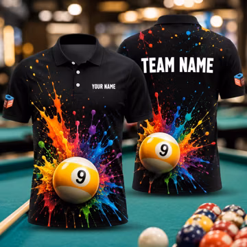 Personalized 9 Ball 8 Ball Colorful Billiards Polo Shirt, Custom Pool Jersey with Team Name, Pro League Uniform, Gift for Player.