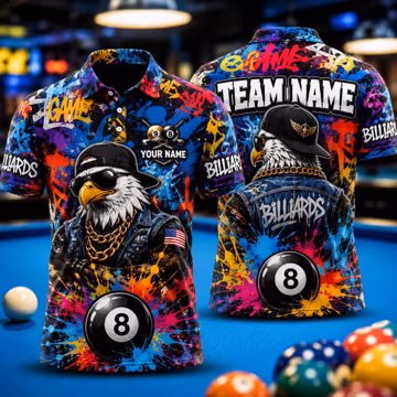 Personalized Fire 8 Ball Billiard 3D Polo Shirts with Cool Eagle Design, Custom Player Pool Jerseys, Pool Team Outfit, Player Gift