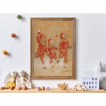Vintage Winter Kids Art Print: Retro Snow Play Nursery Decor