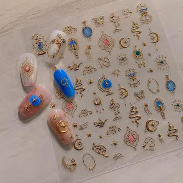 Mystic Gold & Silver Nail Art Stickers: Celestial Snake, Moon, Stars