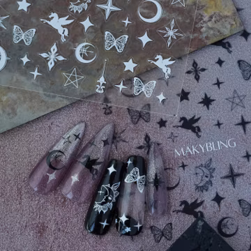 Unicorn Butterfly Nail Stickers: Black & White Fairy Tale Decals