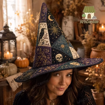 Skull Celestial Patchwork Quilted Witch Hat, Celestial Quilted Witch Hat, Purple Teal Moon Star Witchy Costume Hat, Halloween Witch Hat