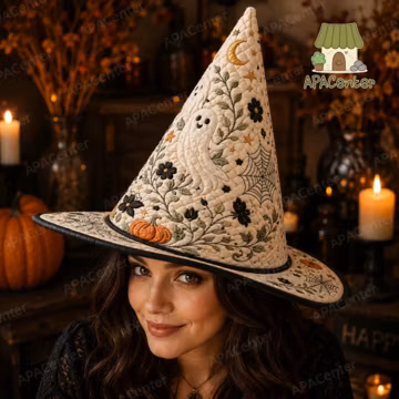 Ghost Pumpkin Quilted Witch Hat, Celestial Quilted Witch Hat, Cream Floral Halloween Witchy Costume Hat, Spooky Ghost Witch Hat