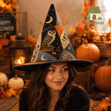 Owl Patchwork Quilted Witch Hat, Navy Orange Moon Halloween Witchy Costume Hat, Autumn Owl Witch Hat, Celestial Quilted Witch Hat