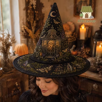 Gothic Lantern Quilted Witch Hat, Black Gold Celestial Witchy Costume Hat, Moon Vine Halloween Hat, Dark Gothic Witch Accessory