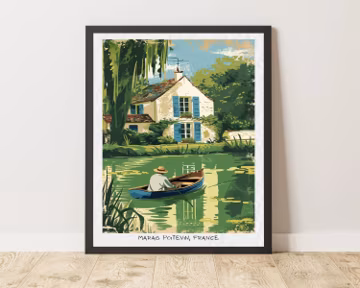 Marais Poitevin Poster Vintage French Countryside Travel Art Green wall art fishing boat illustration