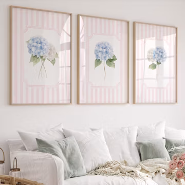 Hydrangea Wall Art Set of 6, Pink Striped Botanical Prints (Digital Download)