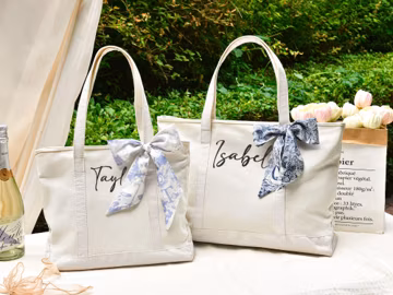 Custom Embroidered Canvas Tote Bag with Ribbon,Personalized Text,Beach School Handbag,S&M,Bridesmaid Gift,Bachelorette Favor