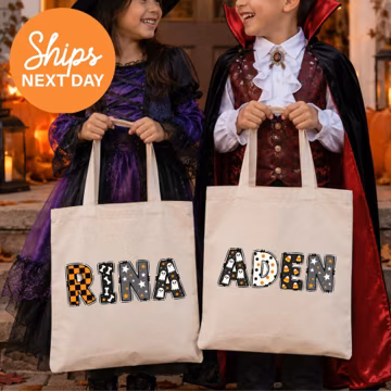 Personalized Halloween Tote Bag, Custom Trick or Treat Bag, Kids Candy Tote, Custom Name Canvas Bag, Spooky Gift