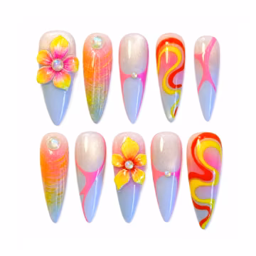 Tropical Flower Press On Nails / 3D Floral Long Almond Fake Nails / Pink Blue Swirl Nail Art / Summer Vacation Nails