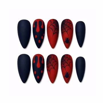 Halloween Spider Web Press On Nails / Matte Red Black Long Almond Fake Nails / Gothic Blood Drip Nails / Horror Spider Nail Art