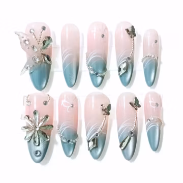 Butterfly Flower Press On Nails, Pink Blue Ombre , Fairy Garden , 3D Charm Stiletto Nails