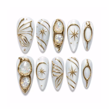 White Pearl Press On Nails / Gold Chrome Butterfly Nails / 3D Crystal Almond Fake Nails / Celestial Bridal Nail Art