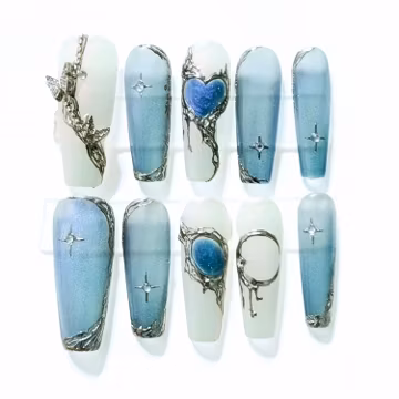 Celestial Blue Press On Nails โ Liquid Metal Heart , Silver Chrome Star , Ethereal Gradient Nails