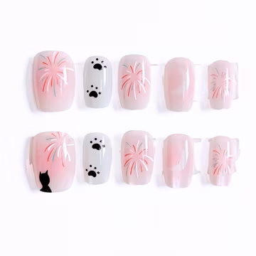 Fireworks Cat Press On Nails – Pink Kawaii Set, Festival Summer , Paw Print Nails