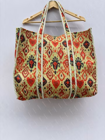 Floral Tote Bag, Handmade Quilted Cotton Shopping Bag with Block Print Design