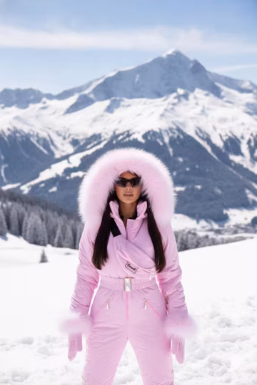 Pink Luxury Women’s Ski Jumpsuit Set with Bag & Mittens | Waterproof Winter Snowsuit | Premium Fur Trim | One Piece Ski Suit
