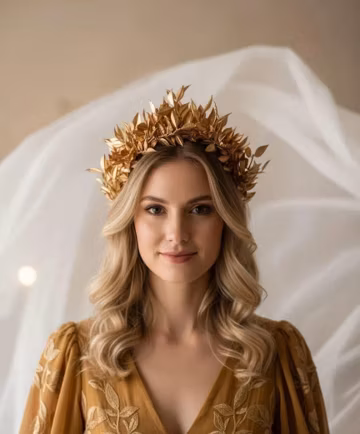 Golden Crown Flower Halo Lush Monochrome Crown Artificial Leaf Crown Gold Headband Boho Wedding Flower Girl Halo Golden Headband