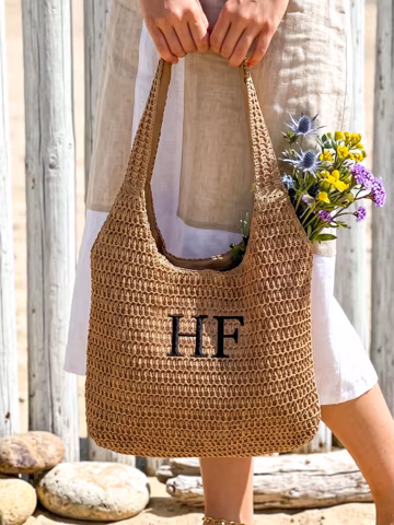 Personalized Straw Beach Bag, Embroidered Tote Bags with Ribbon, Bridesmaid Favor Bag, Summer Vacation Tote
