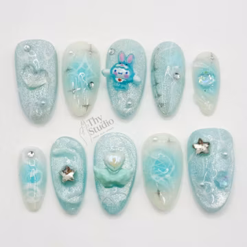 Icy Blue Glitter Press On Nails: 3D Bunny, Pearls, Snowflakes