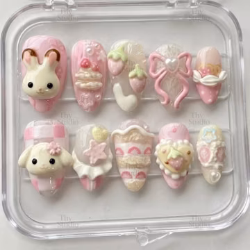 3D Kawaii Dessert Press On Nails, Pastel Bunny Strawberry Cake Set