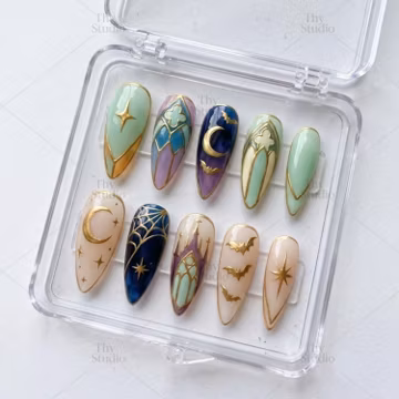 Gothic Cathedral Press On Nails, Mint Stained Glass Nails, Gothic Halloween Nails, Crescent Moon Bat Nails, Witchcore Press On
