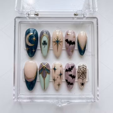 Mint Gothic Halloween Press On Nails, Crescent Moon Bat Nails, Gothic Cathedral Nails, Stained Glass Witchcore Nail Art