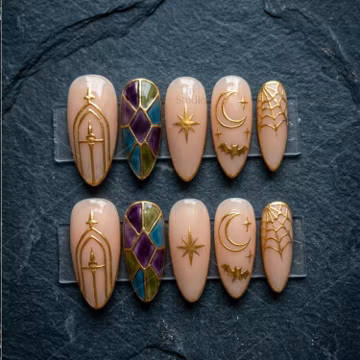 Gothic Cathedral Press On Nails, Stained Glass Halloween Nails, Crescent Moon Bat Nails, Gothic Window Witchcore Press On, Celestial Nails