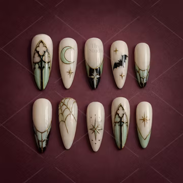Gothic Cathedral Press On Nails, Mint Halloween Nails, Stained Glass Bat Nails, Crescent Moon Witch Nails, Celestial Gothic Nail Art