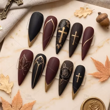 Christian Cross Press On Nails, Black Rose Gothic Nail Art, Burgundy Fall Cathedral Design, Antique Gold Sacred Faith Nails