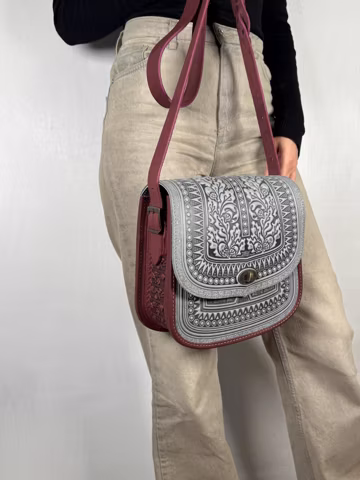Embossed Leather Crossbody Bag, Gray & Burgundy Genuine Leather Purse