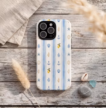 Coastal Stripe Phone Case, Mediterranean Beach Style, Blue Nautical Pattern iPhone Samsung Galaxy Pixel MagSafe Cover European Summer Gift