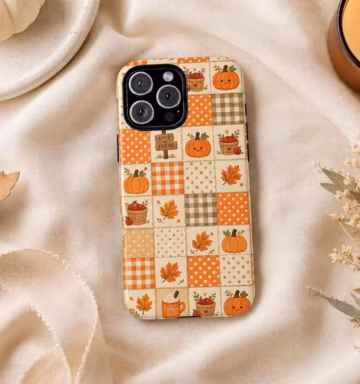 Pumpkin Patch Phone Case, Faux Patchwork Fall iPhone, Apple Picking Cottagecore Samsung Galaxy Pixel MagSafe Tough Cover Autumn Harvest Gift