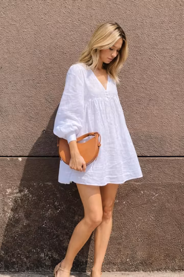 White Linen Mini Dress, Loose Fit Linen Dress, Puff Sleeve Summer Dress, Breathable Linen Tunic, Custom Size Available