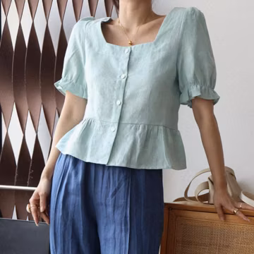 Linen Top Square Neck Puff Sleeve Summer Linen Blouse Handmade