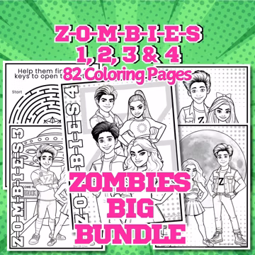 Disney Zombies 1,2,3,4 Coloring Pages - Zombies Printable Color Book 82 Page Bundle (Instant Digital Download PDF) Party Activity