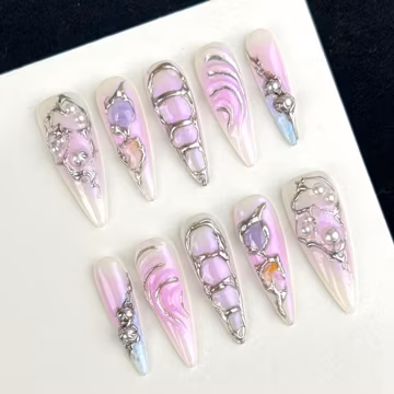 Purple Blush Press on Nails/Silver Plated Nails/3D Nails/Abstract Art Nails/Long Stiletto Nails/Pink Purple Aurora Nails