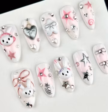 Kawaii Easter Bunny Nails - Pink Cute Design with 3D Floral Bow Details for Wedding Day, 3D Flowers & Bows for Kawaii Wedding Easter Style