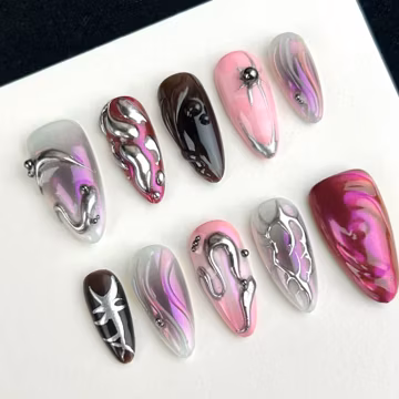 Fantasy Dream Pink Purple Unique Nail Design, Mirror Chrome 3D Venom Gothic Nails, Galaxy Glitter Aurora Nails, Party Dance Birthday Nails
