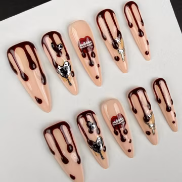 Blood Drip Nails/3D Wine Red Blood Drip Pattern Nails/Vampire Fang Lip Nails/Liquid Metal Heart Nails/Dark Vampire Halloween Style Nails