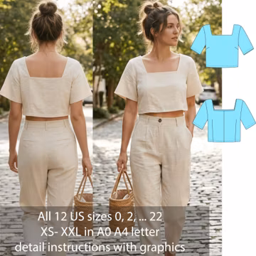Square neck crop top sewing sattern pdf, Linen Top Pattern Women, Summer Blouse Pattern, Minimalist Top XS XXL, US 0-22