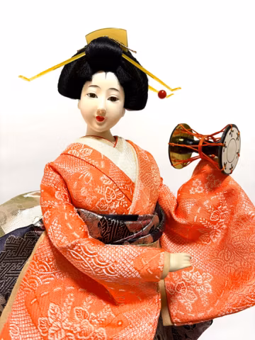 Vintage Japanese Geisha Doll with Drum, Pink and Black Silk Kimono, 1980s, 46 cm