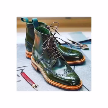 Handmade Green Leather Brogue Boots: Men's Oxford Lace-Up Formal Boots Customized Boot